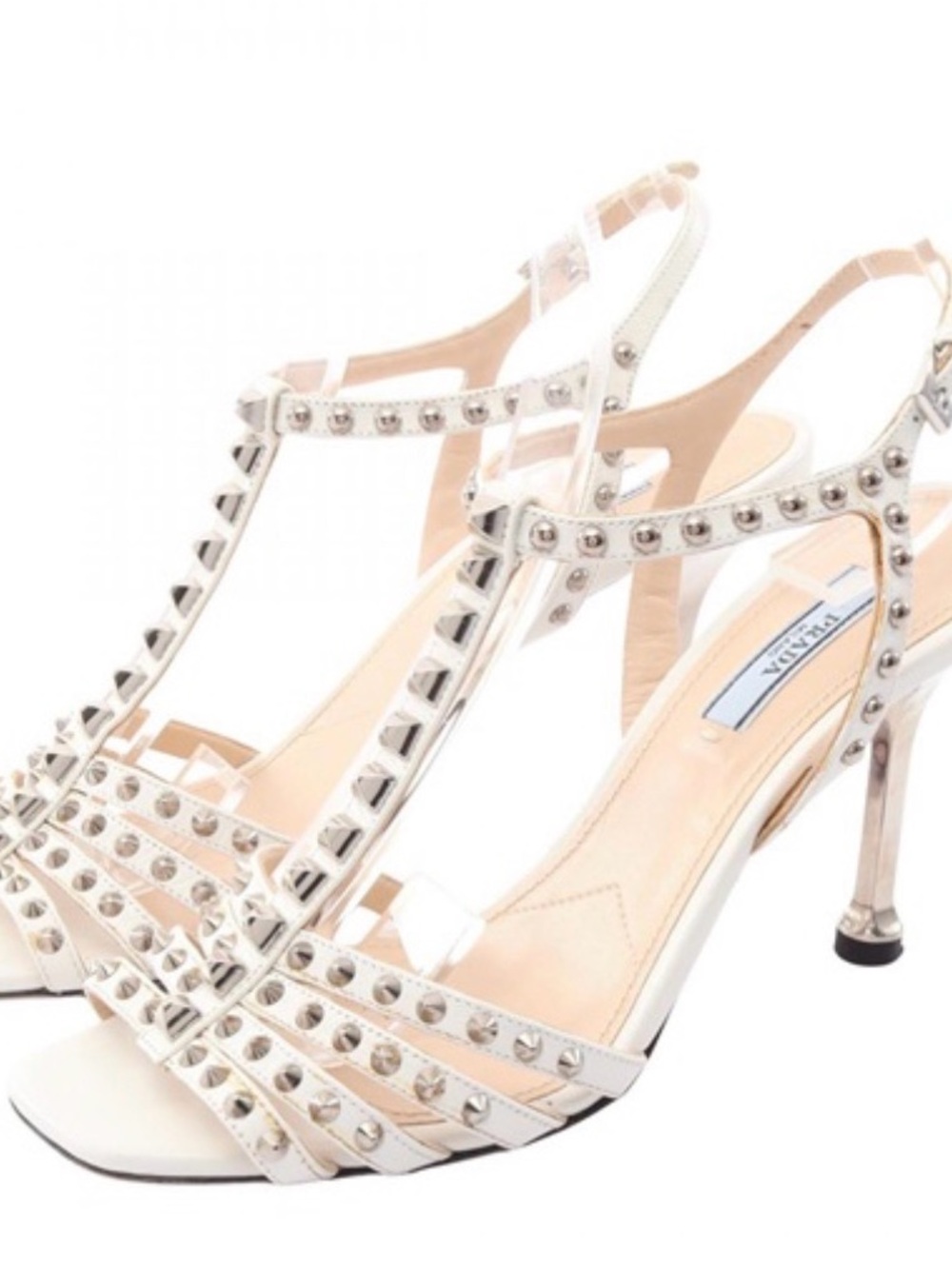 Prada White Studded T-Strap Heels